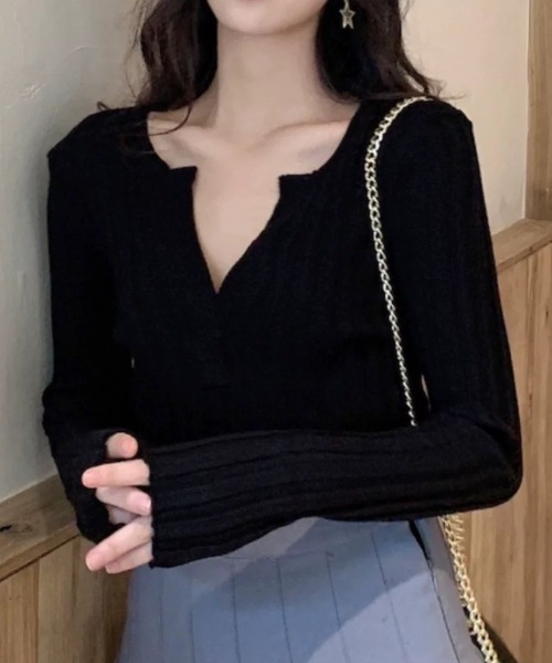 ampm（エーエムピーエム）の「スリットネック リブフィットロングスリーブトップス（Tシャツ/カットソー・レディース・ブラック/ホワイト/グレー・M/L）」の20枚目の写真
