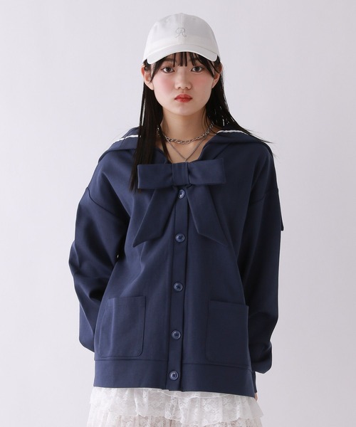 repipi armario（レピピ アルマリオ）の「【2WAY】セーラーリボンカットカーディガン（カーディガン/ボレロ・キッズ・グレー/アイボリー/ネイビー・MEDIUM/LARGE）」の4枚目の写真