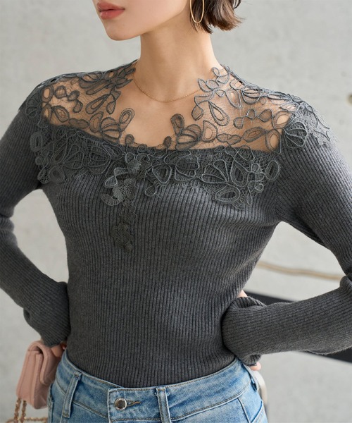 KOBE LETTUCE（コウベレタス）の「レースオフショルリブニット（ニット/セーター・レディース・ベージュ/サックスブルー/チャコール/アイボリー・M）」の12枚目の写真