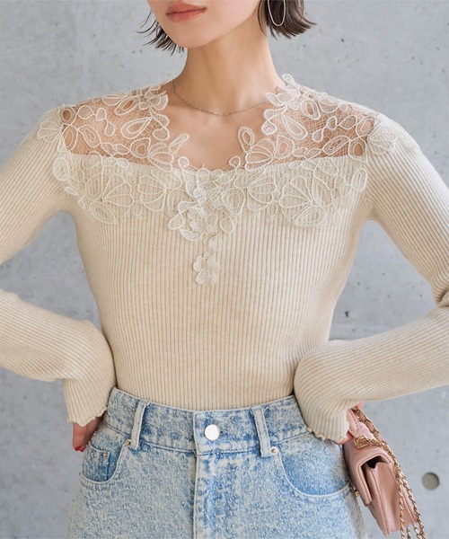 KOBE LETTUCE（コウベレタス）の「レースオフショルリブニット（ニット/セーター・レディース・ベージュ/サックスブルー/チャコール/アイボリー・M）」の16枚目の写真