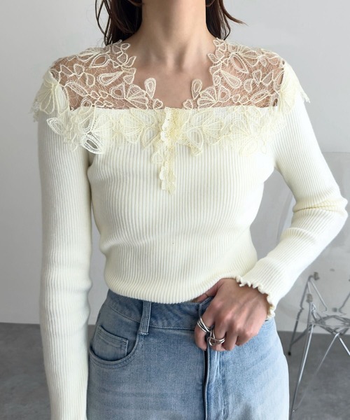 KOBE LETTUCE（コウベレタス）の「レースオフショルリブニット（ニット/セーター・レディース・ベージュ/サックスブルー/チャコール/アイボリー・M）」の8枚目の写真
