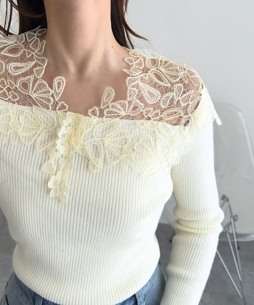 KOBE LETTUCE（コウベレタス）の「レースオフショルリブニット（ニット/セーター・レディース・ベージュ/サックスブルー/チャコール/アイボリー・M）」の10枚目の写真