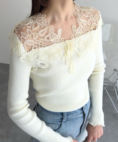 KOBE LETTUCE（コウベレタス）の「レースオフショルリブニット（ニット/セーター・レディース・ベージュ/サックスブルー/チャコール/アイボリー・M）」の11枚目の写真