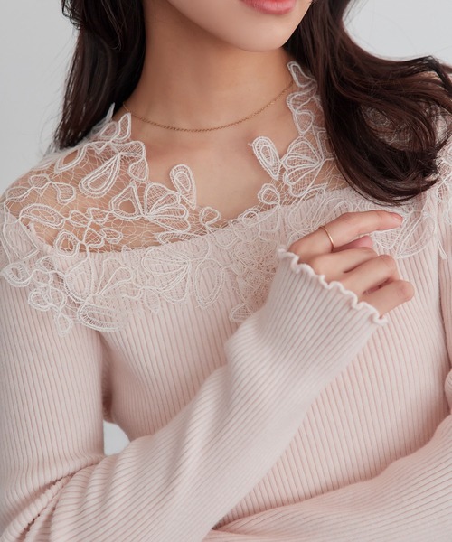 【送料込】完売ピンク♡RDレース刺繍オフショルニット レースオフショルリブニット（ニット/セーター）｜KOBE LETTUCE