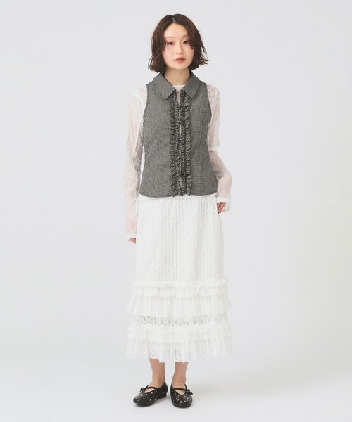 Ray BEAMS(レイビームス)の「サッカー チェック フリル ノースリーブ(シャツ/ブラウス・レディース・ブラック/グリーン・ONE SIZE)」の3枚目の写真
