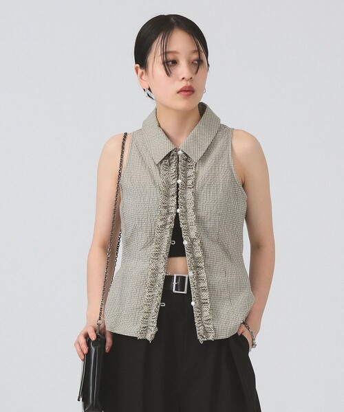 Ray BEAMS(レイビームス)の「サッカー チェック フリル ノースリーブ(シャツ/ブラウス・レディース・ブラック/グリーン・ONE SIZE)」の5枚目の写真