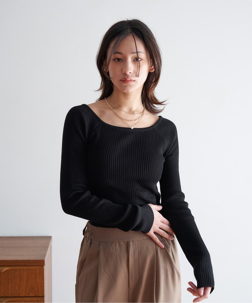 My shawty(マイシャウティー)の「rib knit top(ニット/セーター・レディース・グレー/アイボリー/ブラック/ネイビー・FREE)」の1枚目の写真