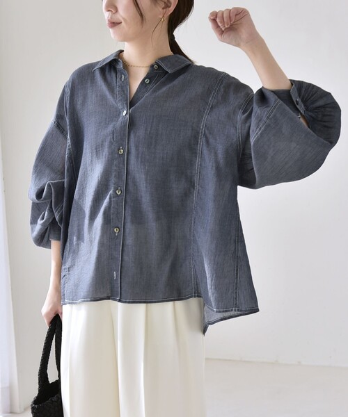 quaranciel(カランシエル)の「quaranciel:〈洗濯機可能〉シアー デニム ギャザー レギュラー シャツ(シャツ/ブラウス・レディース・ブラック/ネイビー・ONE SIZE)」の17枚目の写真