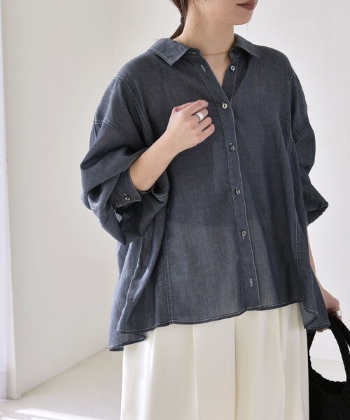 quaranciel(カランシエル)の「quaranciel:〈洗濯機可能〉シアー デニム ギャザー レギュラー シャツ(シャツ/ブラウス・レディース・ブラック/ネイビー・ONE SIZE)」の18枚目の写真
