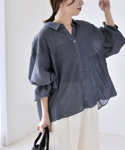 quaranciel(カランシエル)の「quaranciel:〈洗濯機可能〉シアー デニム ギャザー レギュラー シャツ(シャツ/ブラウス・レディース・ブラック/ネイビー・ONE SIZE)」の21枚目の写真