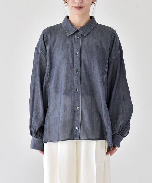 SHIPS quaranciel デニムブラウス　ギャザー　パフスリーブ quaranciel:〈洗濯機可能〉オーバー サイズ デニム シャツ｜ SHIPS