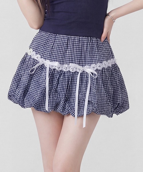 HOOK(フック)の「HOOK for girls レース切替 ギンガムチェック/無地 バルーンミニスカート(スカート・レディース・ホワイト/ブルー・S/M)」の16枚目の写真