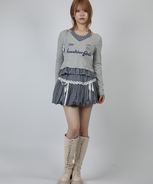 HOOK(フック)の「HOOK for girls レース切替 ギンガムチェック/無地 バルーンミニスカート(スカート・レディース・ホワイト/ブルー・S/M)」の5枚目の写真