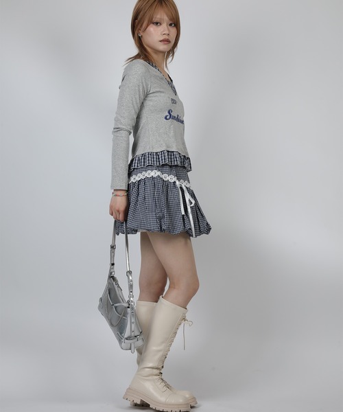 HOOK(フック)の「HOOK for girls レース切替 ギンガムチェック/無地 バルーンミニスカート(スカート・レディース・ホワイト/ブルー・S/M)」の6枚目の写真