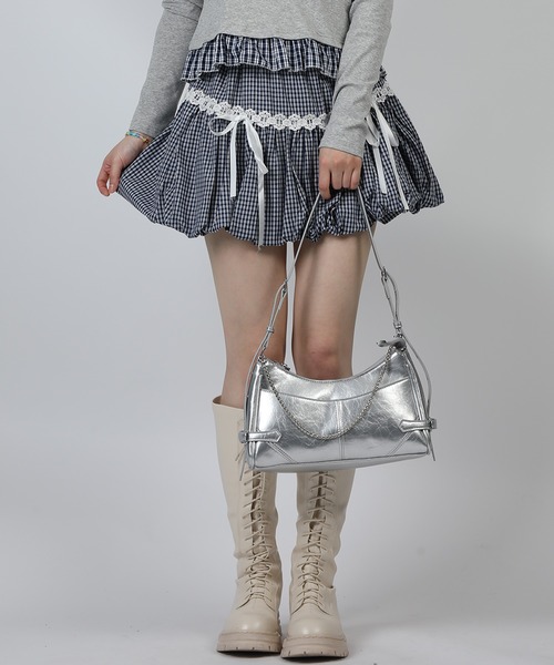 HOOK(フック)の「HOOK for girls レース切替 ギンガムチェック/無地 バルーンミニスカート(スカート・レディース・ホワイト/ブルー・S/M)」の8枚目の写真