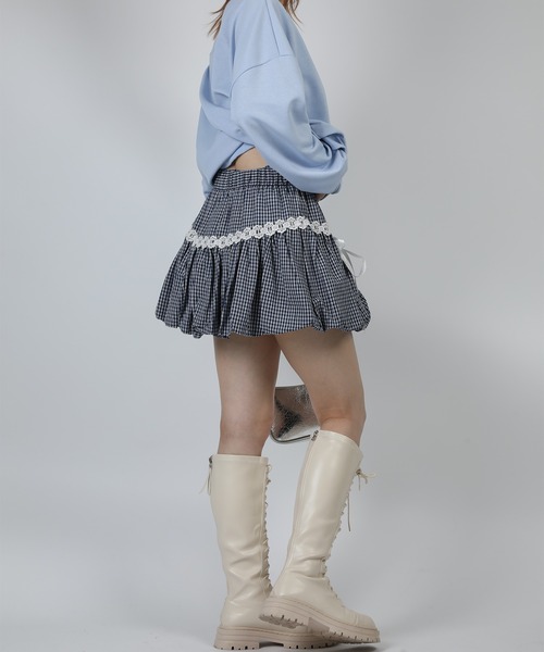 HOOK(フック)の「HOOK for girls レース切替 ギンガムチェック/無地 バルーンミニスカート(スカート・レディース・ホワイト/ブルー・S/M)」の11枚目の写真