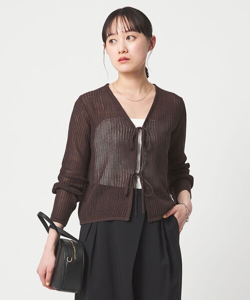 green label relaxing（グリーンレーベルリラクシング）の「メッシュ リボン Vネック カーディガン（カーディガン/ボレロ・レディース・ナチュラル/ライトブルー/ブラック/ブラウン系・FREE）」の3枚目の写真