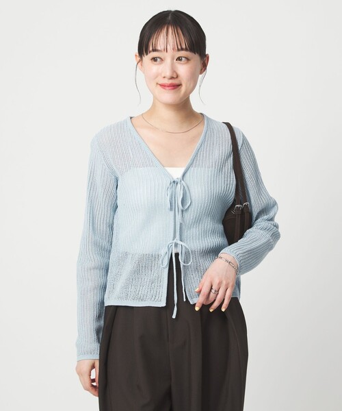 green label relaxing（グリーンレーベルリラクシング）の「メッシュ リボン Vネック カーディガン（カーディガン/ボレロ・レディース・ナチュラル/ライトブルー/ブラック/ブラウン系・FREE）」の9枚目の写真