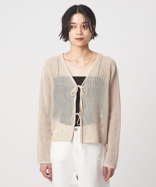 green label relaxing（グリーンレーベルリラクシング）の「メッシュ リボン Vネック カーディガン（カーディガン/ボレロ・レディース・ナチュラル/ライトブルー/ブラック/ブラウン系・FREE）」の12枚目の写真