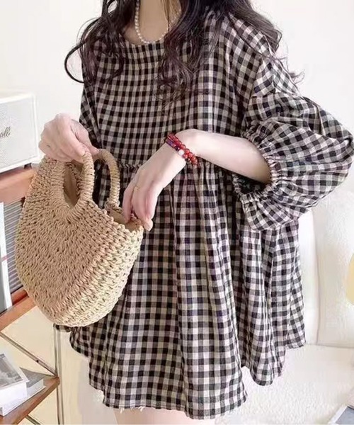 AMAJI（アマジ）の「ギンガムチェックブラウス（シャツ/ブラウス・レディース・ブラウン・X-LARGE/LARGE/MEDIUM/XX-LARGE）」の2枚目の写真