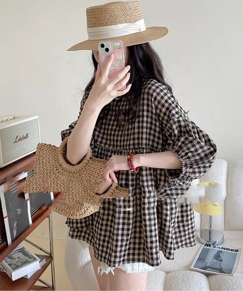 AMAJI（アマジ）の「ギンガムチェックブラウス（シャツ/ブラウス・レディース・ブラウン・X-LARGE/LARGE/MEDIUM/XX-LARGE）」の4枚目の写真