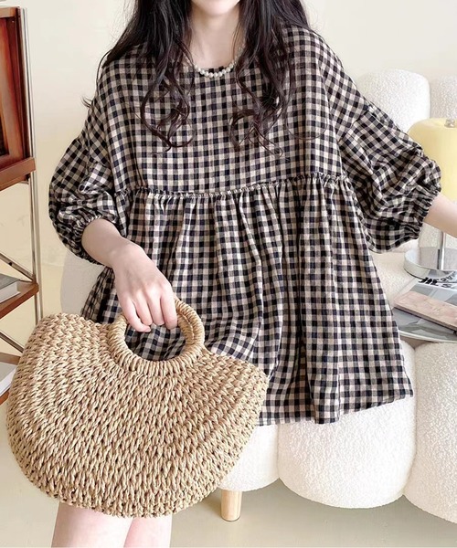 AMAJI（アマジ）の「ギンガムチェックブラウス（シャツ/ブラウス・レディース・ブラウン・X-LARGE/LARGE/MEDIUM/XX-LARGE）」の5枚目の写真