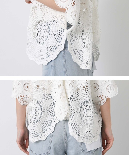 Torrazzo Donna（トラッゾドンナ）の「クロッシェＶネック５分袖ニット（ニット/セーター・レディース・ブラック/ホワイト・FREE）」の22枚目の写真