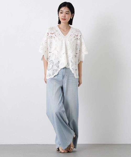 Torrazzo Donna（トラッゾドンナ）の「クロッシェＶネック５分袖ニット（ニット/セーター・レディース・ブラック/ホワイト・FREE）」の3枚目の写真