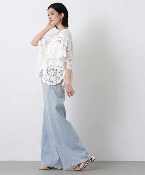 Torrazzo Donna（トラッゾドンナ）の「クロッシェＶネック５分袖ニット（ニット/セーター・レディース・ブラック/ホワイト・FREE）」の4枚目の写真