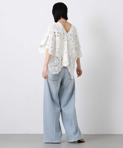 Torrazzo Donna（トラッゾドンナ）の「クロッシェＶネック５分袖ニット（ニット/セーター・レディース・ブラック/ホワイト・FREE）」の5枚目の写真