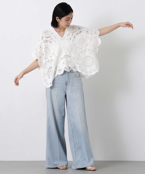 Torrazzo Donna（トラッゾドンナ）の「クロッシェＶネック５分袖ニット（ニット/セーター・レディース・ブラック/ホワイト・FREE）」の6枚目の写真