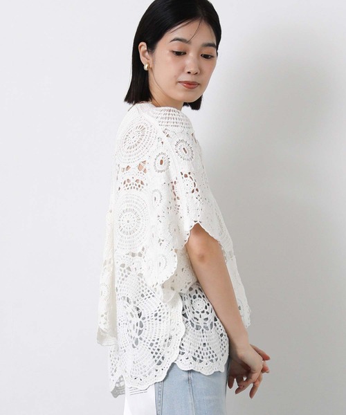 Torrazzo Donna（トラッゾドンナ）の「クロッシェＶネック５分袖ニット（ニット/セーター・レディース・ブラック/ホワイト・FREE）」の8枚目の写真