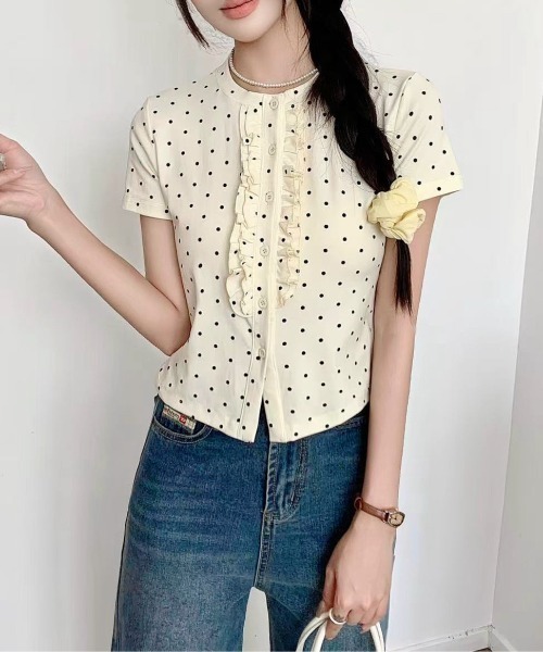 LADY LIKE（レディライク）の「【春夏新作】フロントフリル丸首半袖トップス（Tシャツ/カットソー・レディース・グレー/ブラック/ライトベージュ/ホワイト・M）」の18枚目の写真