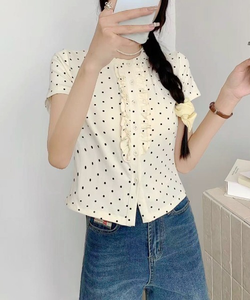 LADY LIKE（レディライク）の「【春夏新作】フロントフリル丸首半袖トップス（Tシャツ/カットソー・レディース・グレー/ブラック/ライトベージュ/ホワイト・M）」の19枚目の写真