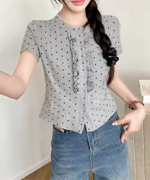 LADY LIKE（レディライク）の「【春夏新作】フロントフリル丸首半袖トップス（Tシャツ/カットソー・レディース・グレー/ブラック/ライトベージュ/ホワイト・M）」の20枚目の写真