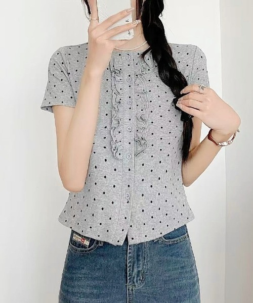 LADY LIKE（レディライク）の「【春夏新作】フロントフリル丸首半袖トップス（Tシャツ/カットソー・レディース・グレー/ブラック/ライトベージュ/ホワイト・M）」の22枚目の写真