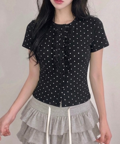 LADY LIKE（レディライク）の「【春夏新作】フロントフリル丸首半袖トップス（Tシャツ/カットソー・レディース・グレー/ブラック/ライトベージュ/ホワイト・M）」の11枚目の写真