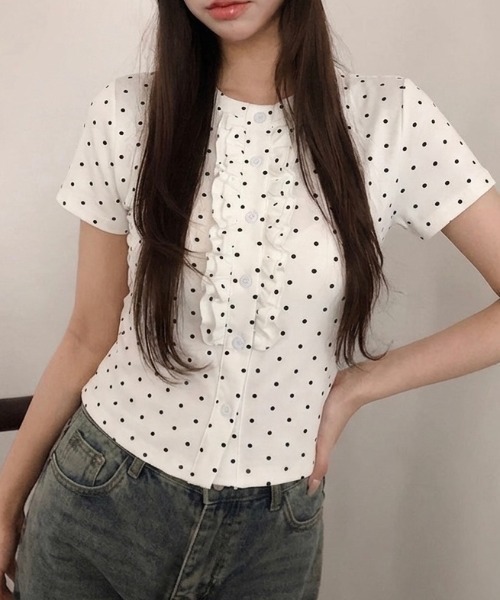 LADY LIKE（レディライク）の「【春夏新作】フロントフリル丸首半袖トップス（Tシャツ/カットソー・レディース・グレー/ブラック/ライトベージュ/ホワイト・M）」の12枚目の写真