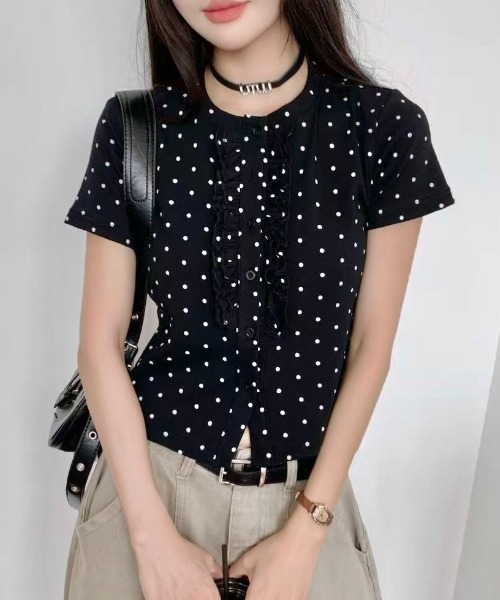 LADY LIKE（レディライク）の「【春夏新作】フロントフリル丸首半袖トップス（Tシャツ/カットソー・レディース・グレー/ブラック/ライトベージュ/ホワイト・M）」の14枚目の写真
