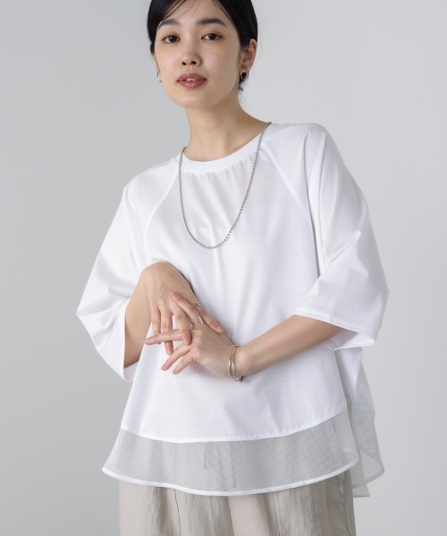 Bou Jeloud(ブージュルード)の「レーヨン天竺異素材ペプラムプルオーバー(Tシャツ/カットソー・レディース・オレンジ/ブラック/ブルー/オフホワイト・FREE)」の2枚目の写真