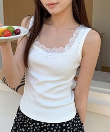スクエアネックレースリブタンクトップ