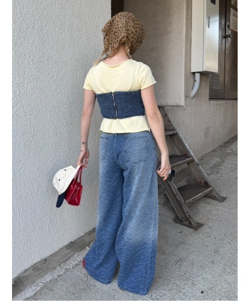 lanan select（ラナンセレクト）の「ウォッシュ加工 バンドゥ ワイドパンツ デニムセットアップ（セットアップ・レディース・ブルー・S）」の2枚目の写真