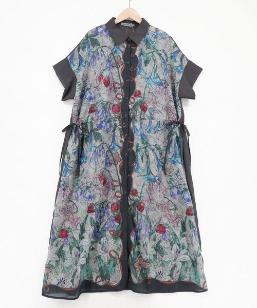 ScoLar(スカラー)の「ScoLar(スカラー) ステンドグラス風花柄シャツワンピース(シャツワンピース・レディース・グリーン/チャコールグレー・MEDIUM)」の1枚目の写真
