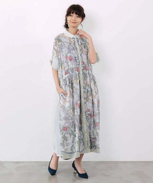 ScoLar(スカラー)の「ScoLar(スカラー) ステンドグラス風花柄シャツワンピース(シャツワンピース・レディース・グリーン/チャコールグレー・MEDIUM)」の3枚目の写真