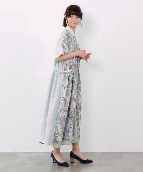 ScoLar(スカラー)の「ScoLar(スカラー) ステンドグラス風花柄シャツワンピース(シャツワンピース・レディース・グリーン/チャコールグレー・MEDIUM)」の4枚目の写真