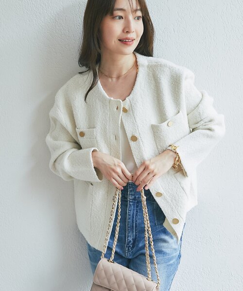 La boutique BonBon(ラブティックボンボン)の「【再販・軽く羽織れる】ブークレ接結ニットジャケットカーディガン(ノーカラージャケット・レディース・ブラック/ピンク/オフホワイト・FREE)」の4枚目の写真
