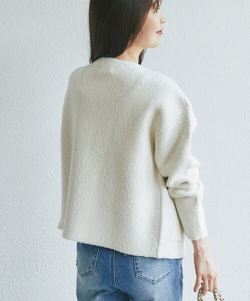 La boutique BonBon(ラブティックボンボン)の「【再販・軽く羽織れる】ブークレ接結ニットジャケットカーディガン(ノーカラージャケット・レディース・ブラック/ピンク/オフホワイト・FREE)」の5枚目の写真