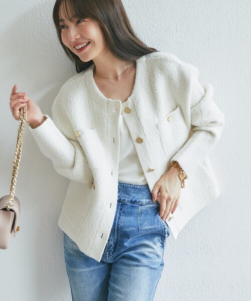La boutique BonBon(ラブティックボンボン)の「【再販・軽く羽織れる】ブークレ接結ニットジャケットカーディガン(ノーカラージャケット・レディース・ブラック/ピンク/オフホワイト・FREE)」の6枚目の写真