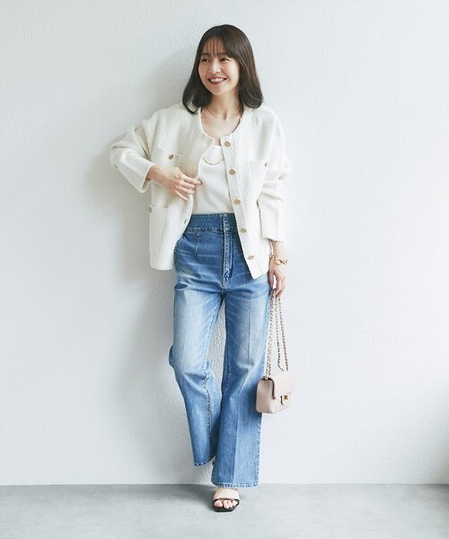 La boutique BonBon(ラブティックボンボン)の「【再販・軽く羽織れる】ブークレ接結ニットジャケットカーディガン(ノーカラージャケット・レディース・ブラック/ピンク/オフホワイト・FREE)」の7枚目の写真
