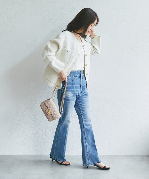 La boutique BonBon(ラブティックボンボン)の「【再販・軽く羽織れる】ブークレ接結ニットジャケットカーディガン(ノーカラージャケット・レディース・ブラック/ピンク/オフホワイト・FREE)」の8枚目の写真